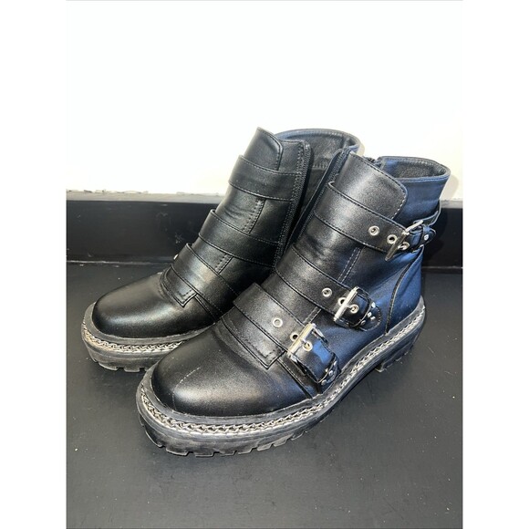 Retro Y2K 90’s Vintage Black Combat boots Grunge Goth Biker Lug Sole Women ‘s 7 - Picture 2 of 8